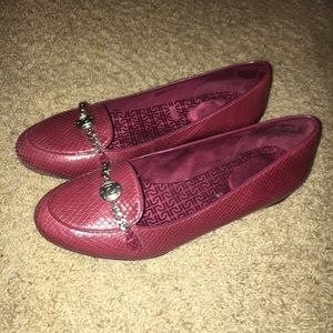Red patent leather loafers